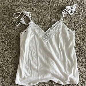 White top, with lace trim and tie straps